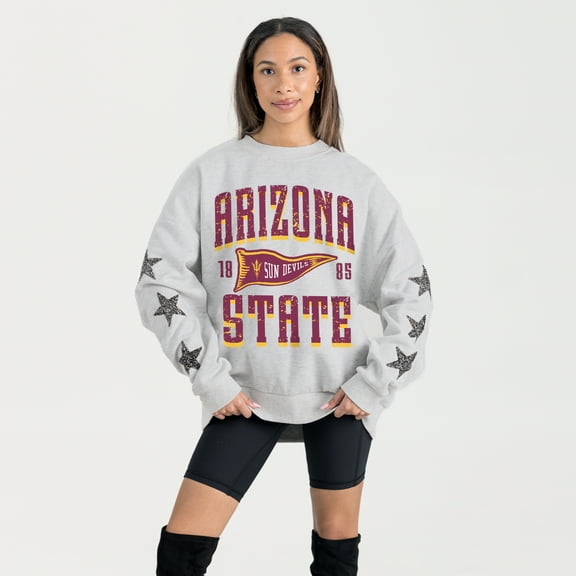 Women's Gameday Couture Ash Arizona State Sun Devils Oversized Pennant Pride Rhinestone Star Sleeve Sweatshirt