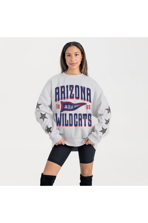 Women's Gameday Couture Ash Arizona Wildcats Oversized Pennant Pride Rhinestone Star Sleeve Sweatshirt