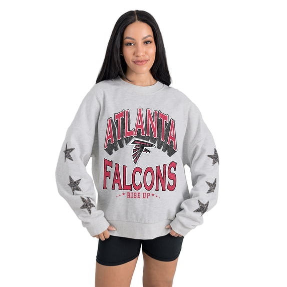 Women's Gameday Couture Ash Atlanta Falcons Resilience Relaxed Rhinestone Pullover Sweatshirt