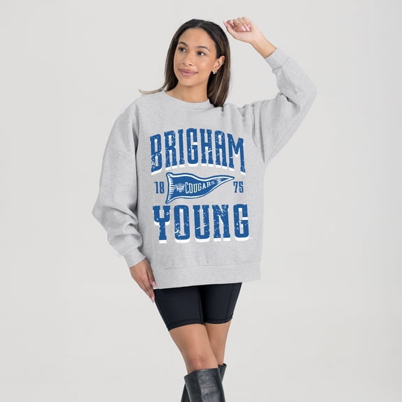 Women's Gameday Couture Ash BYU Cougars Oversized Pennant Pride Premium Fleece Sweatshirt