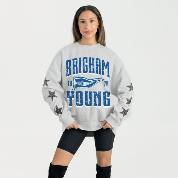 Women's Gameday Couture Ash BYU Cougars Oversized Pennant Pride Rhinestone Star Sleeve Sweatshirt