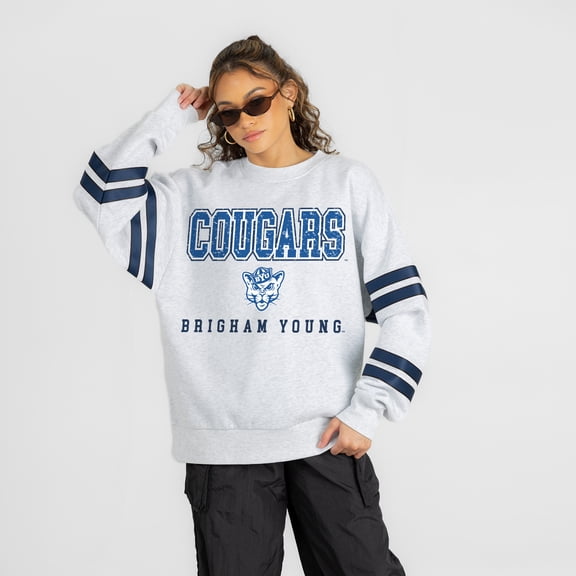 Women's Gameday Couture Ash BYU Cougars Stadium Stripes Oversized Fleece Sweatshirt