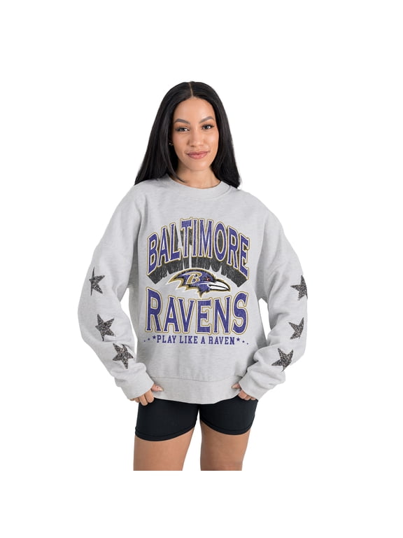 Women's Gameday Couture Ash Baltimore Ravens Resilience Relaxed Rhinestone Pullover Sweatshirt