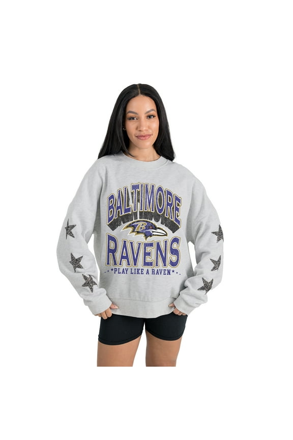 Women's Gameday Couture Ash Baltimore Ravens Resilience Relaxed Rhinestone Pullover Sweatshirt