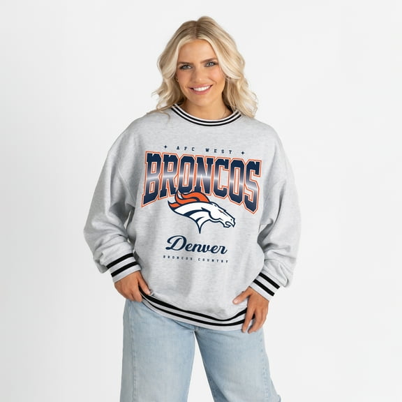 Women's Gameday Couture Ash/Black Denver Broncos Oversized Gridiron Drive Ringer Stripe Sweatshirt