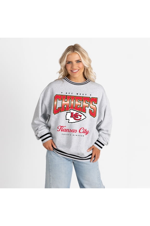 Women's Gameday Couture Ash/Black Kansas City Chiefs Oversized Gridiron Drive Ringer Stripe Sweatshirt