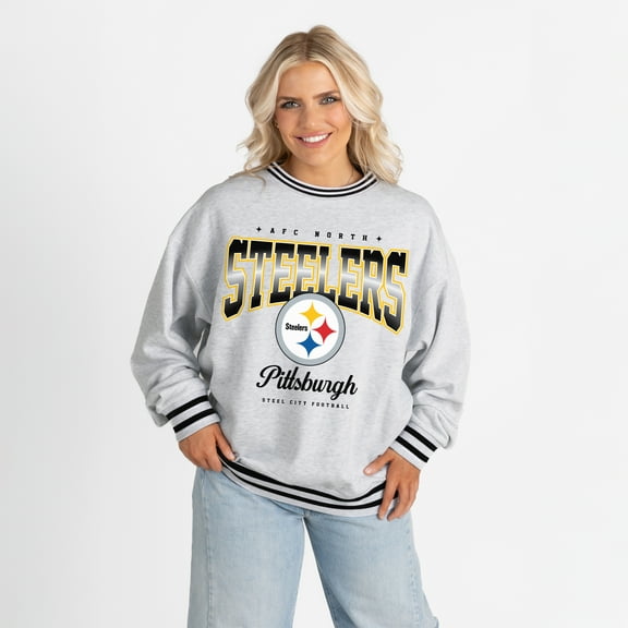 Women's Gameday Couture Ash/Black Pittsburgh Steelers Oversized Gridiron Drive Ringer Stripe Sweatshirt