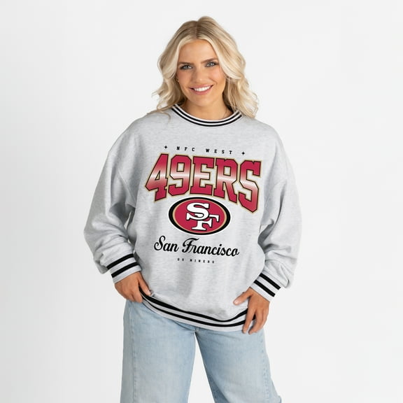 Women's Gameday Couture Ash/Black San Francisco 49ers Oversized Gridiron Drive Ringer Stripe Sweatshirt