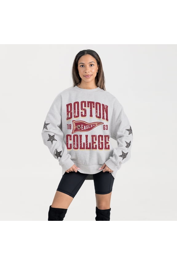 Women's Gameday Couture Ash Boston College Eagles Oversized Pennant Pride Rhinestone Star Sleeve Sweatshirt