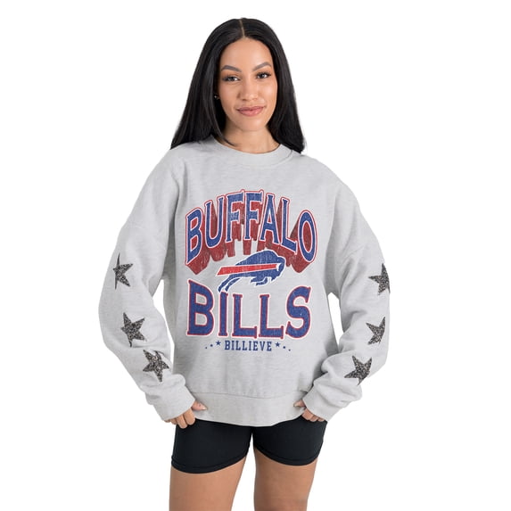 Women's Gameday Couture Ash Buffalo Bills Resilience Relaxed Rhinestone Pullover Sweatshirt