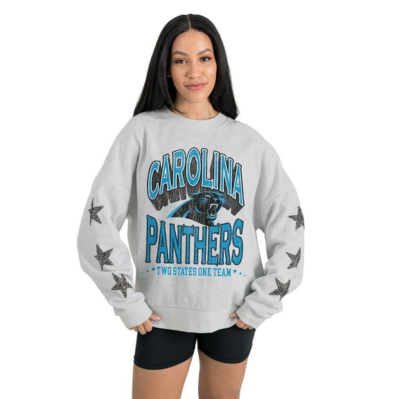 Women's Gameday Couture  Ash Carolina Panthers Resilience Relaxed Rhinestone Pullover Sweatshirt