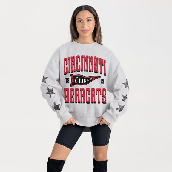 Women's Gameday Couture Ash Cincinnati Bearcats Oversized Pennant Pride Rhinestone Star Sleeve Sweatshirt