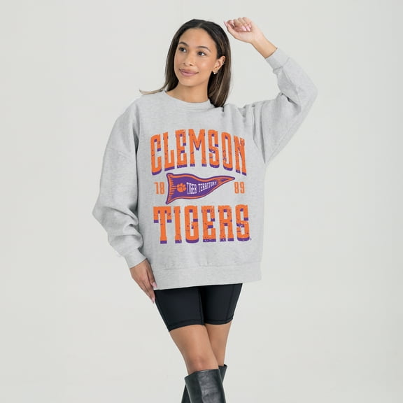 Women's Gameday Couture Ash Clemson Tigers Oversized Pennant Pride Premium Fleece Sweatshirt