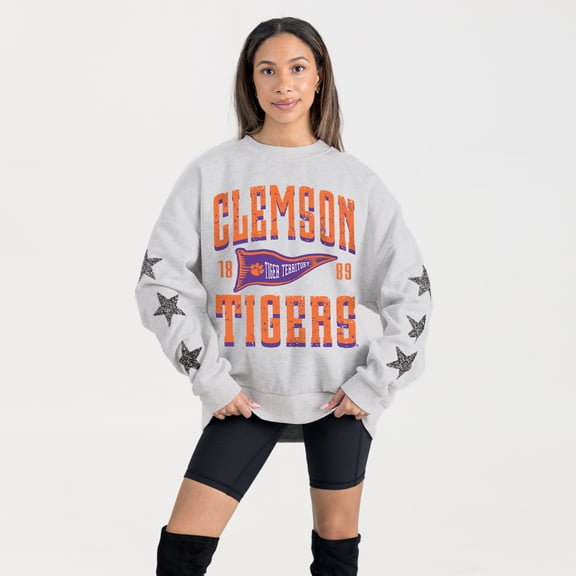 Women's Gameday Couture Ash Clemson Tigers Oversized Pennant Pride Rhinestone Star Sleeve Sweatshirt