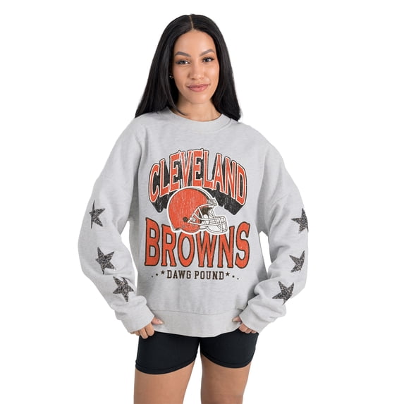 Women's Gameday Couture Ash Cleveland Browns Resilience Relaxed Rhinestone Pullover Sweatshirt