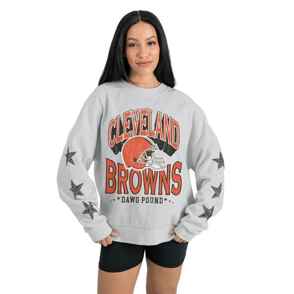 Women's Gameday Couture  Ash Cleveland Browns Resilience Relaxed Rhinestone Pullover Sweatshirt