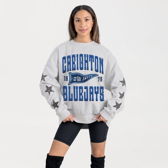 Women's Gameday Couture Ash Creighton Bluejays Oversized Pennant Pride Rhinestone Star Sleeve Sweatshirt