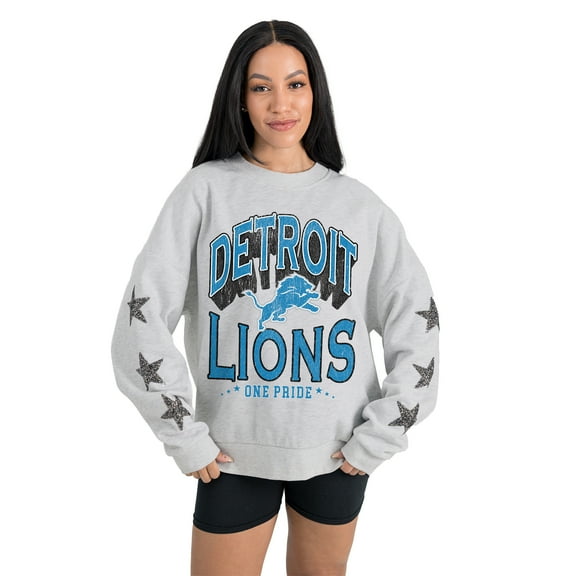 Women's Gameday Couture  Ash Detroit Lions Resilience Relaxed Rhinestone Pullover Sweatshirt
