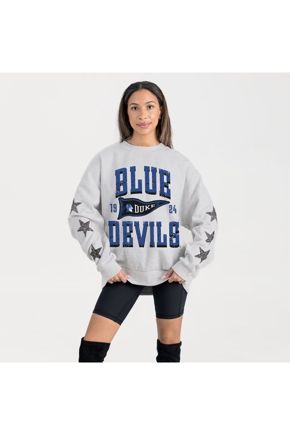 Women's Gameday Couture Ash Duke Blue Devils Oversized Pennant Pride Rhinestone Star Sleeve Sweatshirt