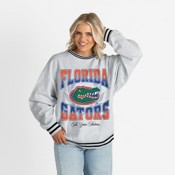 Women's Gameday Couture Ash Florida Gators Oversized Fade Route Ringer Stripe Sweatshirt