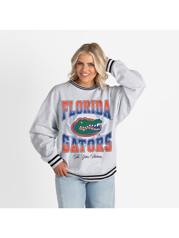 Women's Gameday Couture Ash Florida Gators Oversized Fade Route Ringer Stripe Sweatshirt