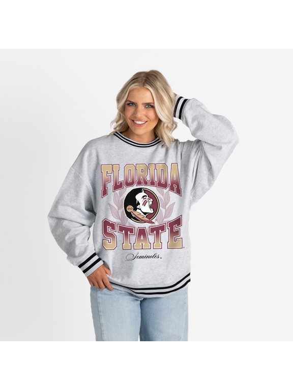 Women's Gameday Couture Ash Florida State Seminoles Oversized Fade Route Ringer Stripe Sweatshirt