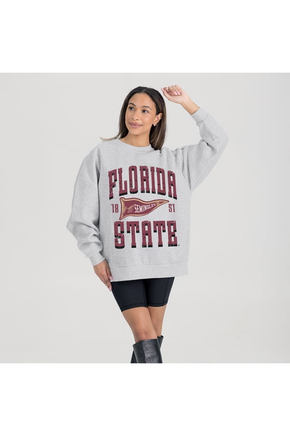 Women's Gameday Couture Ash Florida State Seminoles Oversized Pennant Pride Premium Fleece Sweatshirt