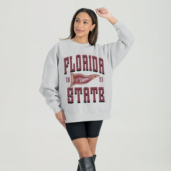 Women's Gameday Couture Ash Florida State Seminoles Oversized Pennant Pride Premium Fleece Sweatshirt