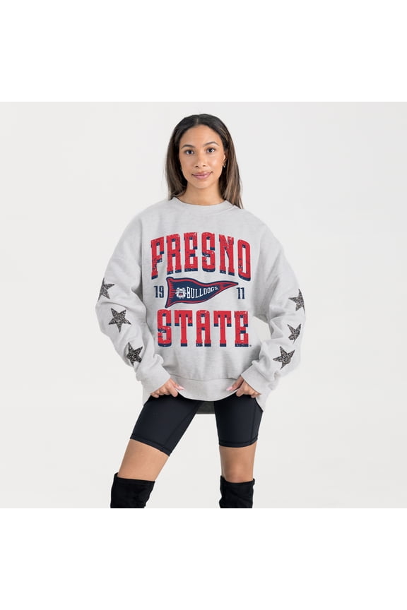 Women's Gameday Couture Ash Fresno State Bulldogs Oversized Pennant Pride Rhinestone Star Sleeve Sweatshirt