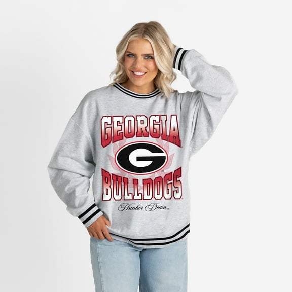Women's Gameday Couture Ash Georgia Bulldogs Oversized Fade Route Ringer Stripe Sweatshirt