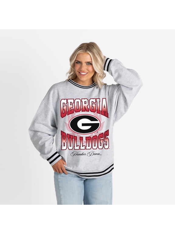 Women's Gameday Couture Ash Georgia Bulldogs Oversized Fade Route Ringer Stripe Sweatshirt