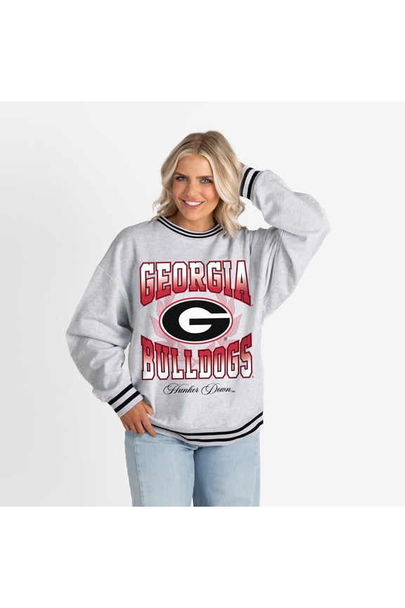 Women's Gameday Couture Ash Georgia Bulldogs Oversized Fade Route Ringer Stripe Sweatshirt