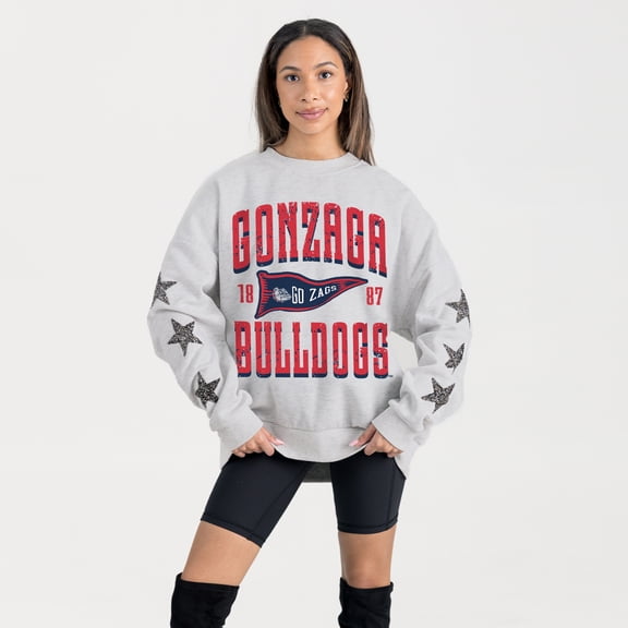 Women's Gameday Couture Ash Gonzaga Bulldogs Oversized Pennant Pride Rhinestone Star Sleeve Sweatshirt