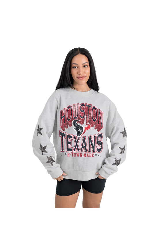 Women's Gameday Couture Ash Houston Texans Resilience Relaxed Rhinestone Pullover Sweatshirt