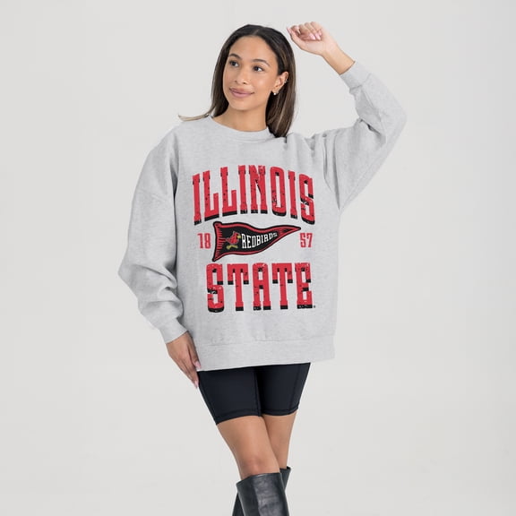 Women's Gameday Couture Ash Illinois State Redbirds Oversized Pennant Pride Premium Fleece Sweatshirt