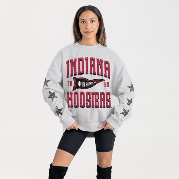 Women's Gameday Couture Ash Indiana Hoosiers Oversized Pennant Pride Rhinestone Star Sleeve Sweatshirt