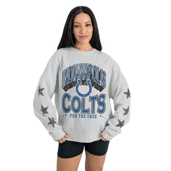 Women's Gameday Couture  Ash Indianapolis Colts Resilience Relaxed Rhinestone Pullover Sweatshirt