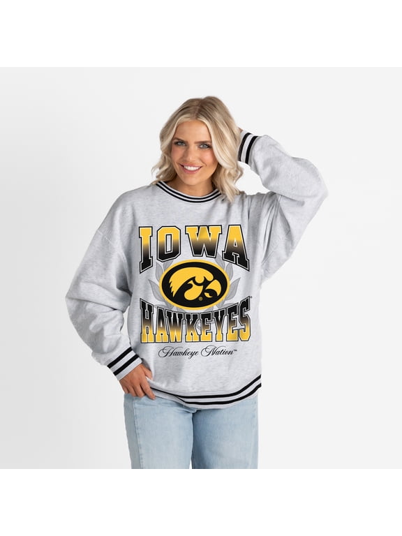 Women's Gameday Couture Ash Iowa Hawkeyes Oversized Fade Route Ringer Stripe Sweatshirt