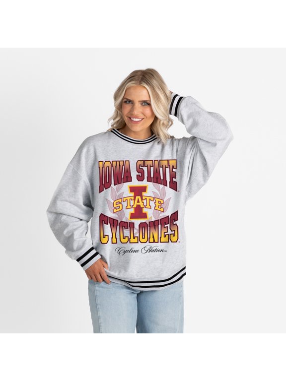 Women's Gameday Couture Ash Iowa State Cyclones Oversized Fade Route Ringer Stripe Sweatshirt