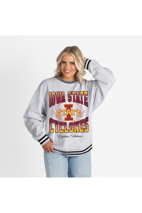 Women's Gameday Couture Ash Iowa State Cyclones Oversized Fade Route Ringer Stripe Sweatshirt