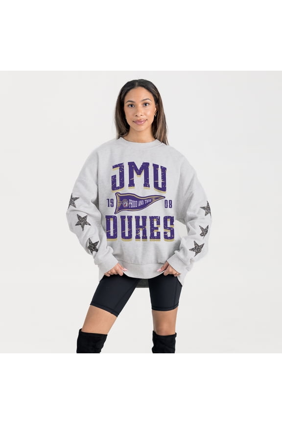 Women's Gameday Couture Ash James Madison Dukes Oversized Pennant Pride Rhinestone Star Sleeve Sweatshirt