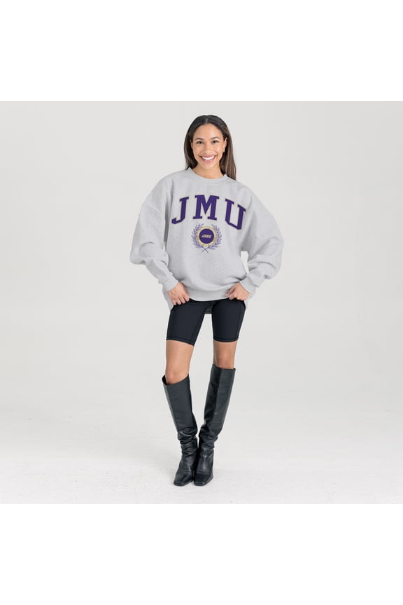 Women's Gameday Couture Ash James Madison Dukes Oversized Tradition Refined Premium Fleece Sweatshirt