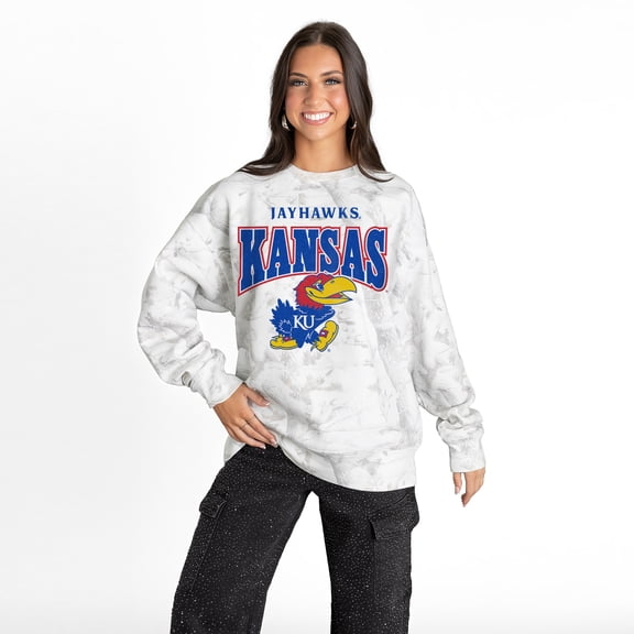 Women's Gameday Couture Ash Kansas Jayhawks Rally Ready Premium Fleece Camo Sweatshirt