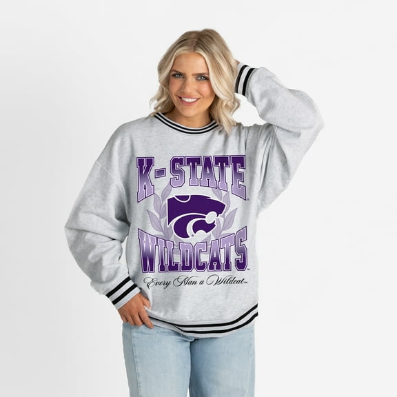 Women's Gameday Couture Ash Kansas State Wildcats Oversized Fade Route Ringer Stripe Sweatshirt