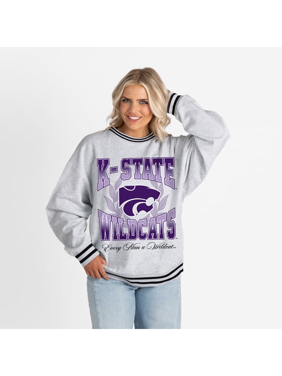 Women's Gameday Couture Ash Kansas State Wildcats Oversized Fade Route Ringer Stripe Sweatshirt