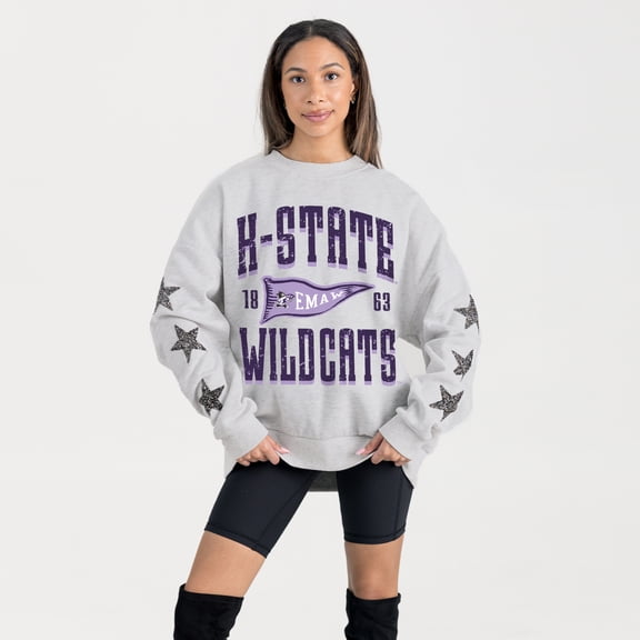 Women's Gameday Couture Ash Kansas State Wildcats Oversized Pennant Pride Rhinestone Star Sleeve Sweatshirt