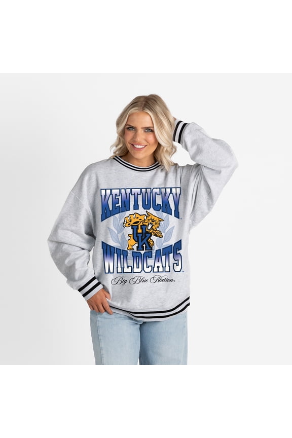 Women's Gameday Couture Ash Kentucky Wildcats Oversized Fade Route Ringer Stripe Sweatshirt