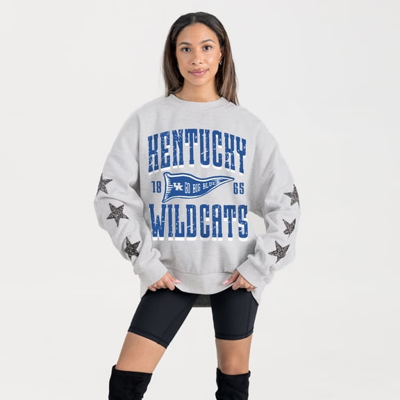 Women's Gameday Couture Ash Kentucky Wildcats Oversized Pennant Pride Rhinestone Star Sleeve Sweatshirt