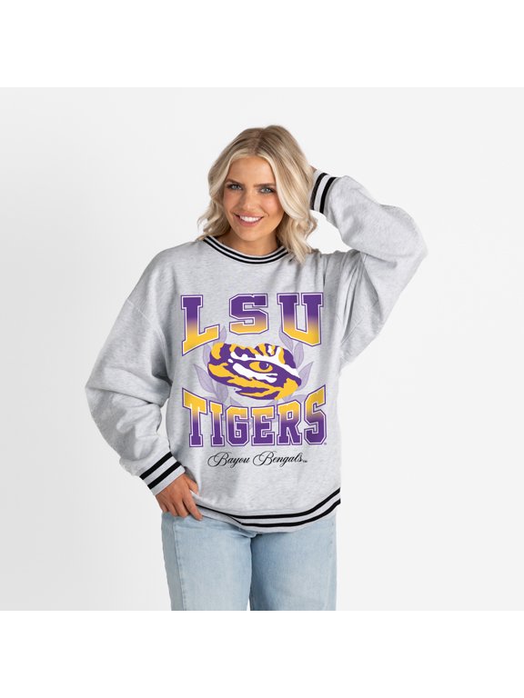 Women's Gameday Couture Ash LSU Tigers Oversized Fade Route Ringer Stripe Sweatshirt