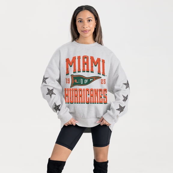 Women's Gameday Couture Ash Miami Hurricanes Oversized Pennant Pride Rhinestone Star Sleeve Sweatshirt
